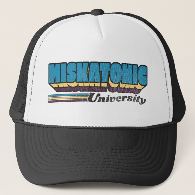 Miskatonic University Retro Label Trucker Hat (Front)