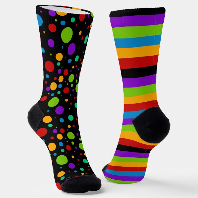 Mismatched Rainbow Stripes and Polka Dot Socks (Angled)