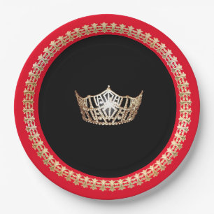 Miss America Red Gold Crown 9" Paper Plates
