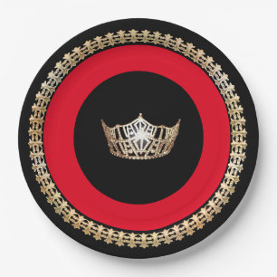 Miss America Red Gold Crown 9" Paper Plates