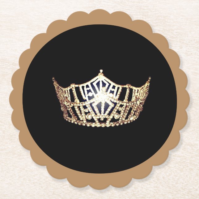 Miss America style Gold Crown Sclpd Paper Coasters (Front)