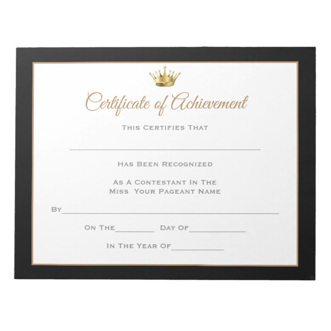 Miss America style Pageant Certificates-Achievmnt Notepad (Front)