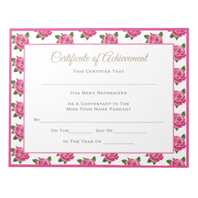 Miss America style Pageant Certificates-Roses Notepad (Front)