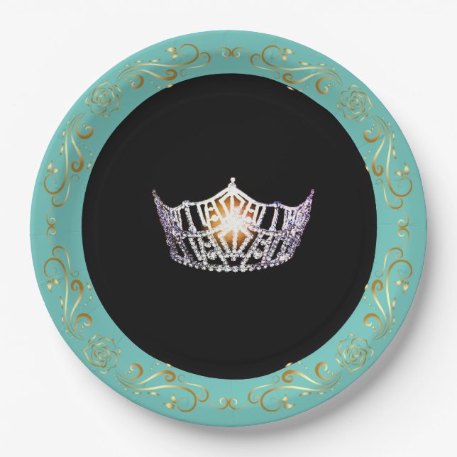 Miss America Turquoise Silver Crown Paper Plates (Front)