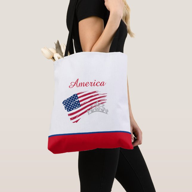 Miss America US Pageant Silver Crown Tote Bag-Flag (Close Up)