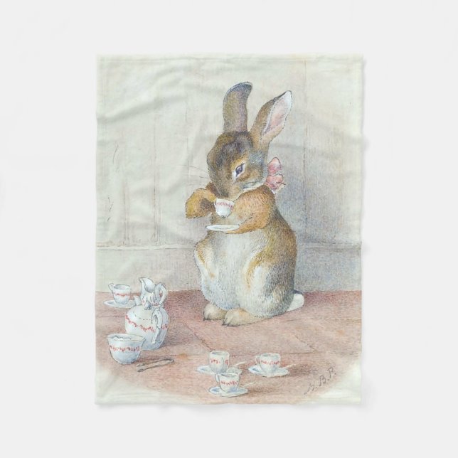 Miss Bunny Drinking Tea Fleece Blanket (Front)