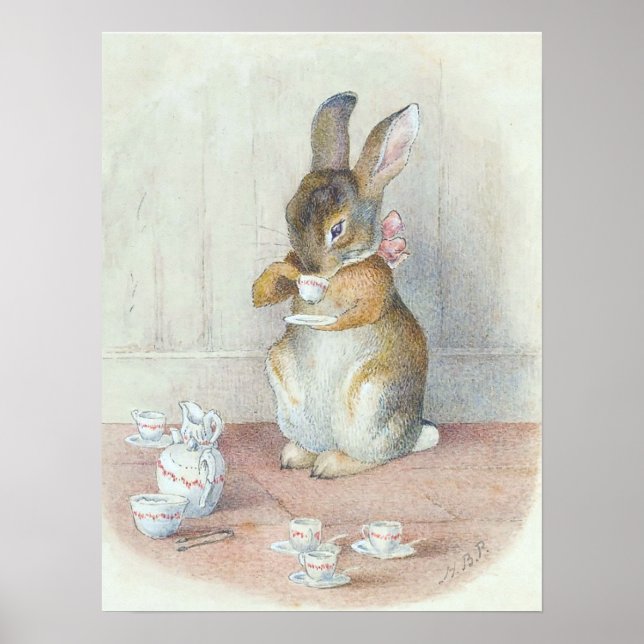 Miss Bunny Drinking Tea Nursery Wall Poster (Front)