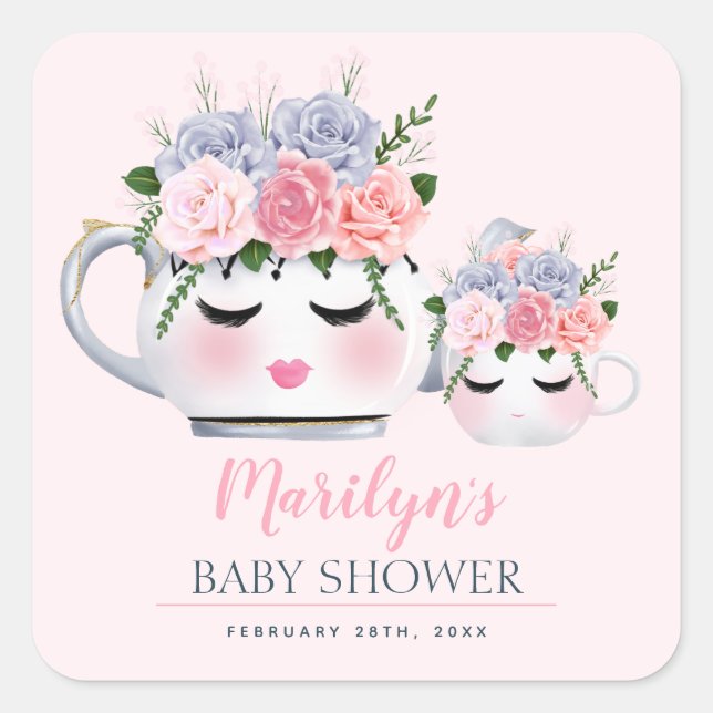 Miss Eyelashes Teapot Mum Baby Floral Baby Shower Square Sticker (Front)