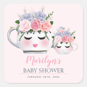 Miss Eyelashes Teapot Mum Baby Floral Baby Shower Square Sticker