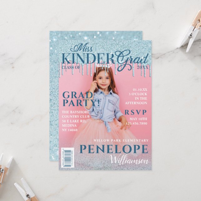 Miss Kinder Grad Blue Glitter Drip Magazine Cover Invitation (Front/Back In Situ)