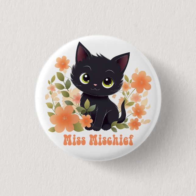 Miss Mischief Black Kitten Kawaii Chibi 3 Cm Round Badge (Front)
