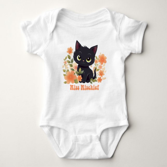 Miss Mischief Black Kitty with Flowers Baby Bodysuit (Front)