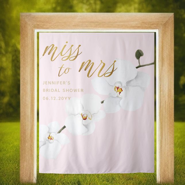 Miss Mrs Boho White Orchid Pink Bridal Backdrop Tapestry (Creator Uploaded)
