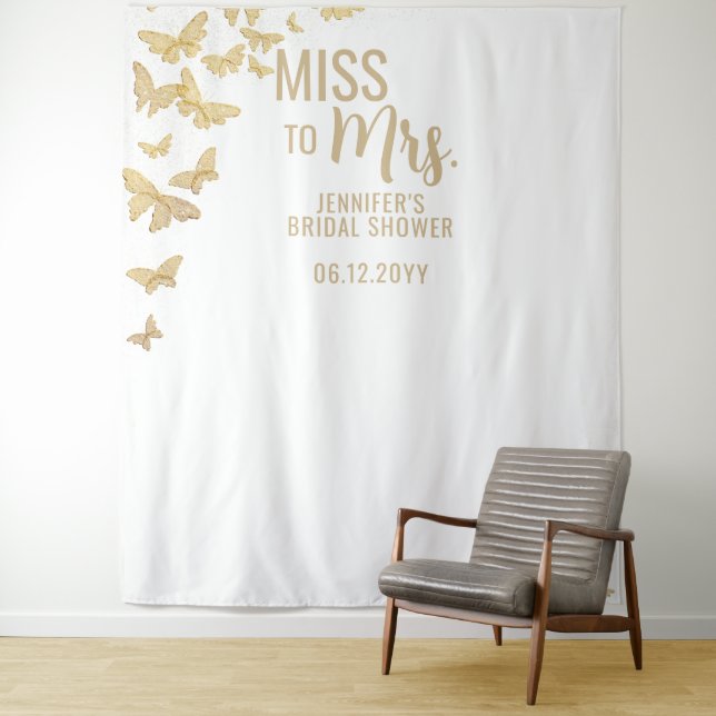 Miss Mrs Gold Butterfly Chic White Bridal Backdrop Tapestry (In Situ)