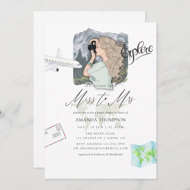 Miss - Mrs Mountain Adventure Travel Bridal Shower Invitation (Front/Back)