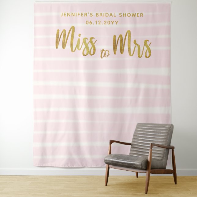 Miss Mrs Pink Stripes Boho Chic Bridal Backdrop Tapestry (In Situ)