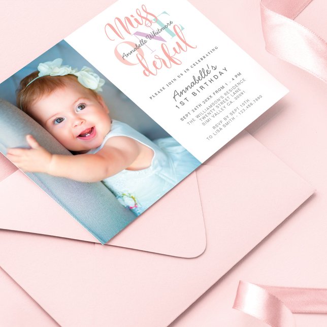 Miss One derful Baby Girl's 1st Birthday Photo Invitation (Creator Uploaded)
