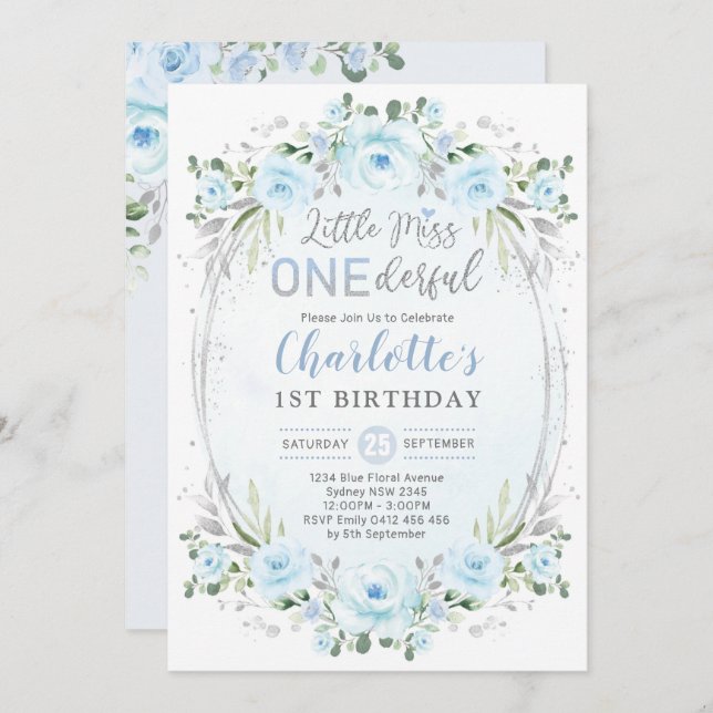 Miss ONEderful Baby Blue Gold Floral 1st Birthday Invitation (Front/Back)