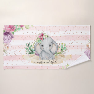 Miss Onederful - Baby Elephant and Flowers Bath Towel