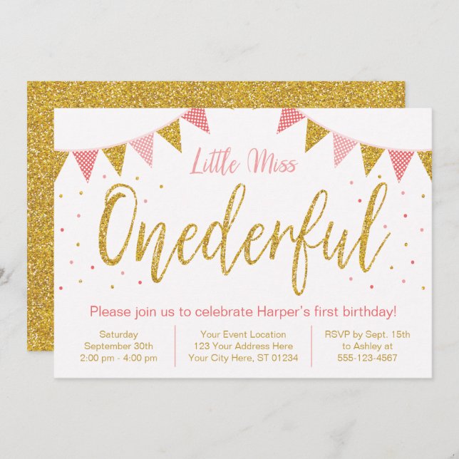 Miss Onederful Blush Pink & Glitter 1st Birthday Invitation (Front/Back)