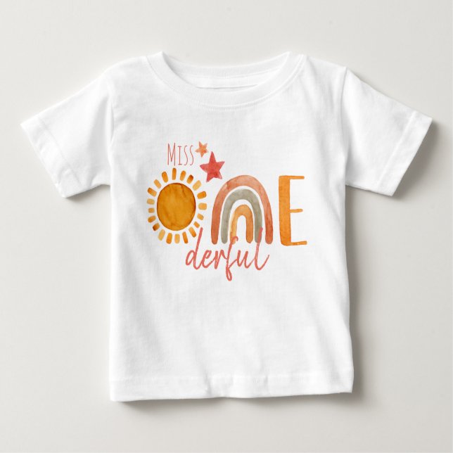 Miss Onederful First Birthday Rainbow and Sun Baby T-Shirt (Front)