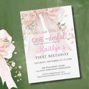Miss Onederful Girl Pink Bow Floral 1st Birthday Invitation