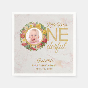 Miss Onederful Photo Floral Wreath First Birthday Napkin