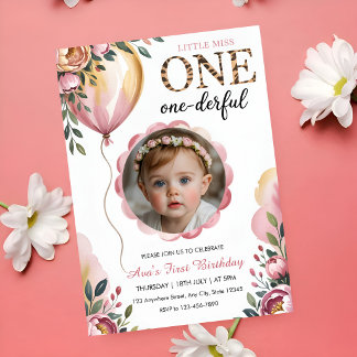 Miss Onederful Pink Balloon 1st Birthday Photo Invitation