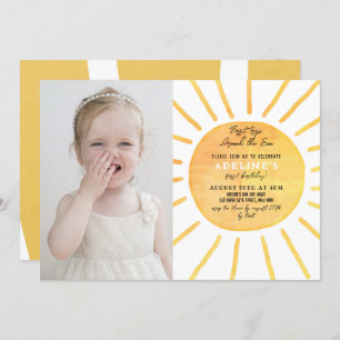 Miss Sunshine Watercolor 1st Birthday Photo  Invitation