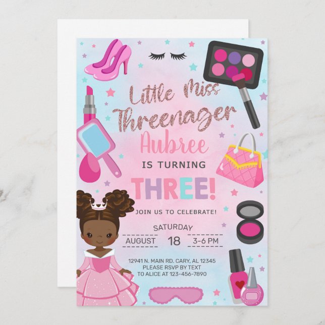 Miss Threenager girl 3rd third birthday invitation (Front/Back)