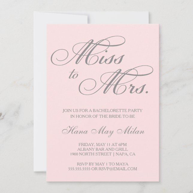 Miss to Mrs. Bachelorette Invitation (Front)
