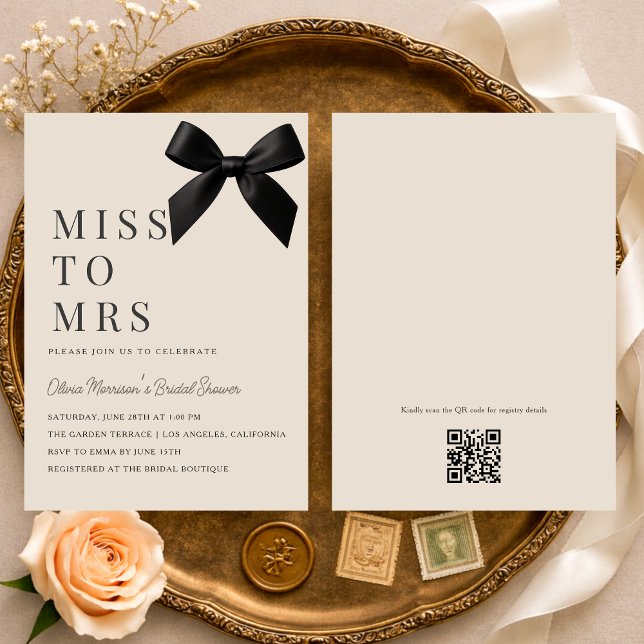 Miss to Mrs Black Bow QR Code Bridal Shower Invitation (Creator Uploaded)