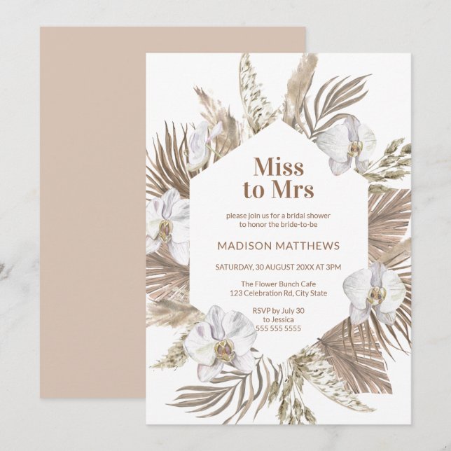 Miss to Mrs Boho Floral Bridal Shower Pink Pampas Invitation (Front/Back)