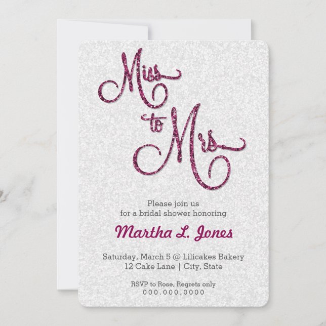 Miss to Mrs bridal shower invitation pink glitter (Front)