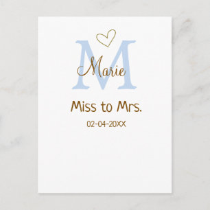 MISS TO MRS. BRIDAL SHOWER MONOGRAM HEART NAME POSTCARD
