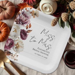 Miss To Mrs Burgundy Fall Bridal Shower Paper Plate