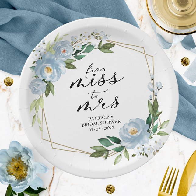 Miss to Mrs Dusty Blue Geometric Bridal Shower Paper Plate (Creator Uploaded)