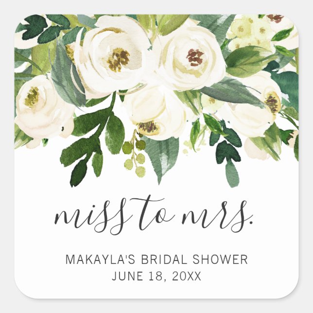 Miss to Mrs Elegant White Floral Bridal Shower Square Sticker (Front)