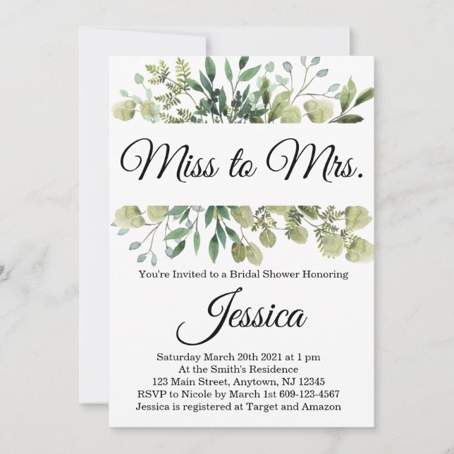 Miss to Mrs Eucalyptus Bridal Shower Invitation (Front)