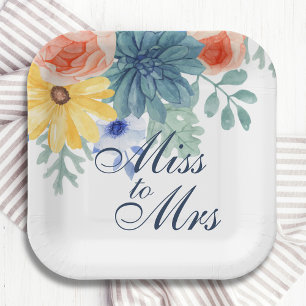 Miss To Mrs Floral Succulent Macaron Bridal Shower Paper Plate