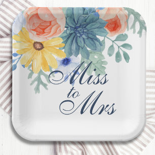 Miss To Mrs Floral Succulent Macaron Bridal Shower Paper Plate