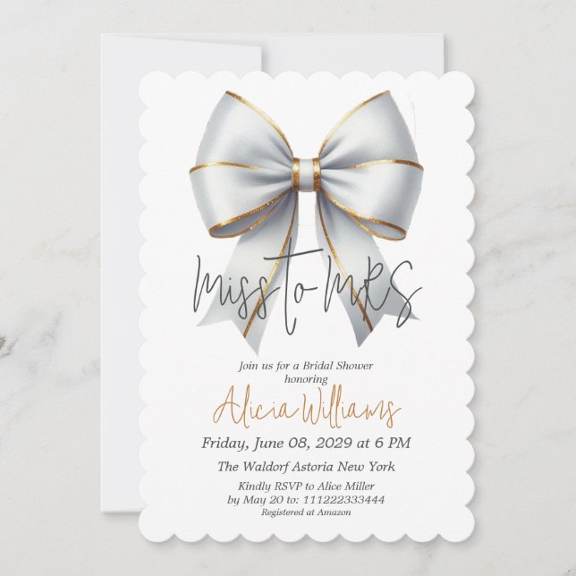 Miss to MRS Gold White Bow Bridal Shower Invitation (Front)