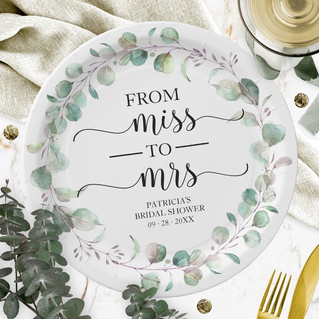 Miss to Mrs Greenery Eucalyptus Bridal Shower Paper Plate (Creator Uploaded)