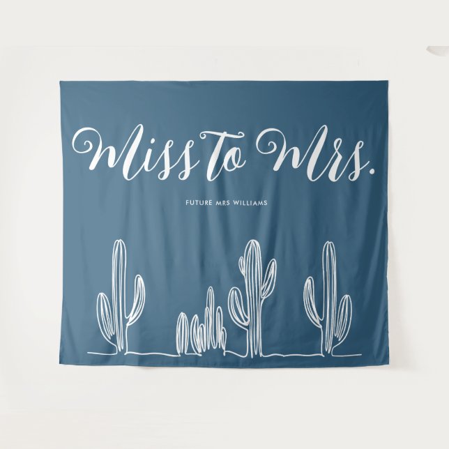 Miss to Mrs Modern Dark Blue Cactus Bachelorette Tapestry (Front (Horizontal))