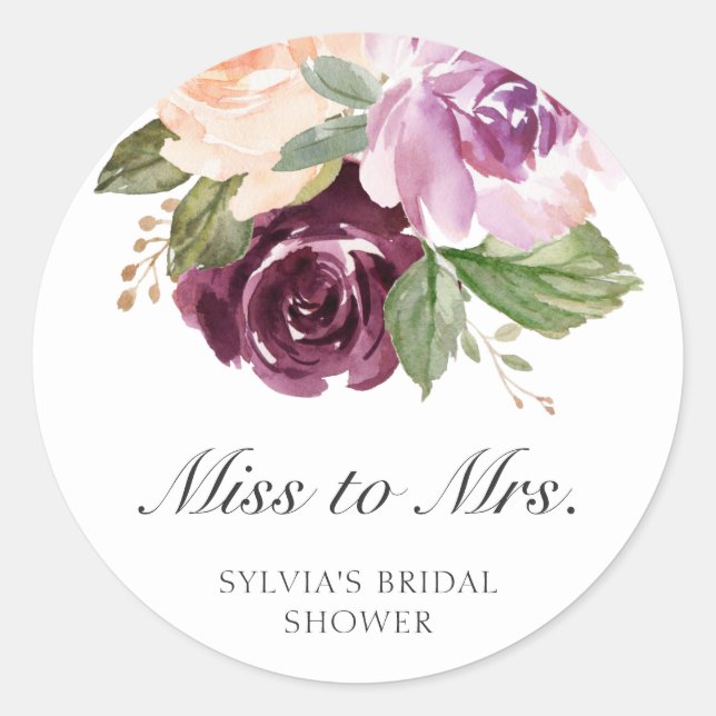 Miss to Mrs Moody Plum Floral Bridal Shower Favour Classic Round Sticker (Front)