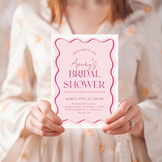 Miss to Mrs Pink Bow Wavy Modern Bridal Shower Invitation (Creator Uploaded)