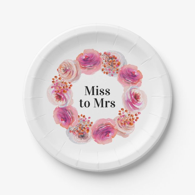 Miss to Mrs Pink Floral Bachelorette Bridal Shower Paper Plate (Front)