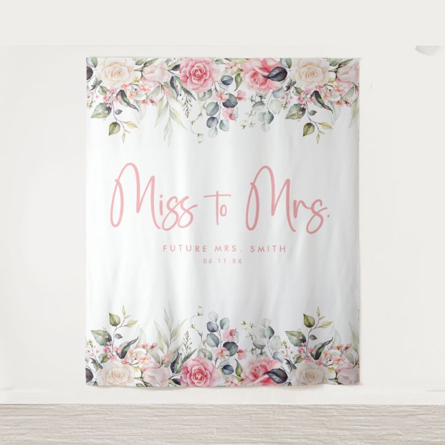 Miss To Mrs Pink Floral Bridal Shower Backdrop Tapestry (Front)