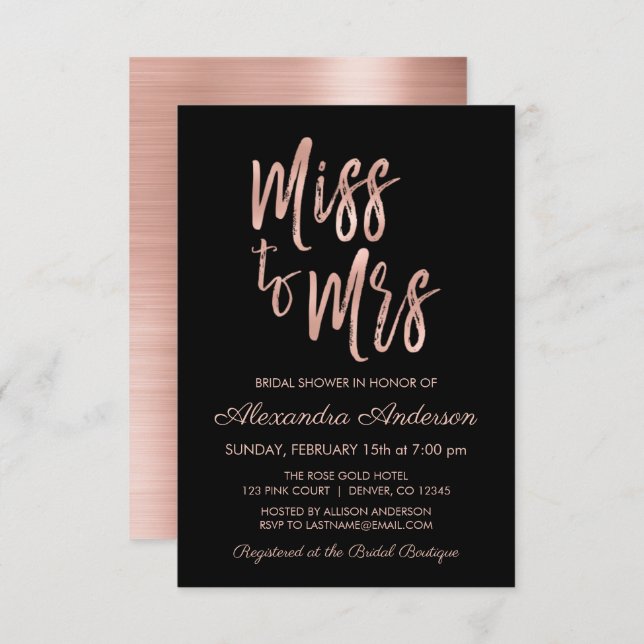 Miss to Mrs Pink Rose Gold Bridal Shower Invitation (Front/Back)