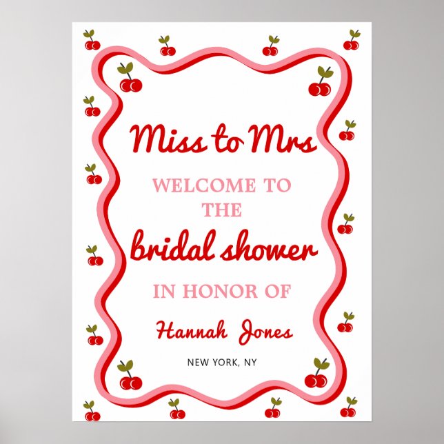 Miss to Mrs Retro Cherry Bridal Shower Welcome Poster (Front)